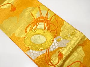 アンティーク　雲に鼓・横笛模様織り出し袋帯(着用可)